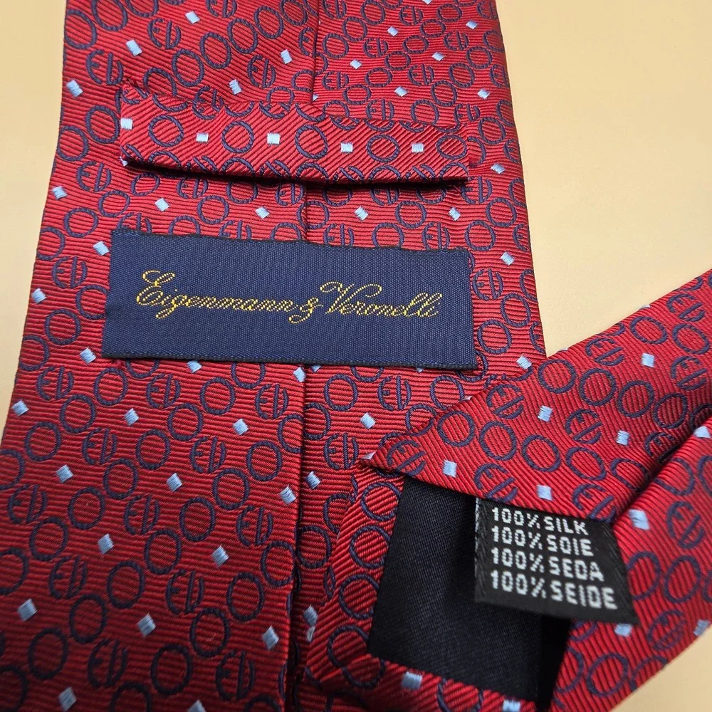 Eigenmann & Veronelli Mens Silk Tie Red Geometric Circles Squares Navy Blue